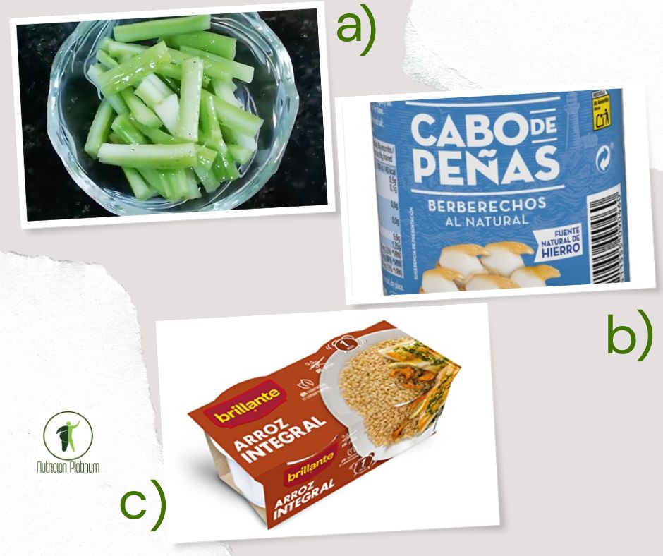 Palitos de apio con berberechos y arroz integral.